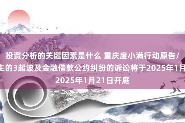 投资分析的关键因素是什么 重庆度小满行动原告/上诉东谈主的3起波及金融借款公约纠纷的诉讼将于2025年1月21日开庭